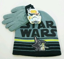 Disney Star Wars Darth Vader Yoda Gray Black Beanie Hat Gloves Kids Gift Set