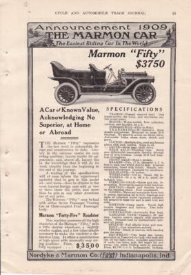 1909 Marmon Fifty Touring Car Ad / Indianapolis IN
