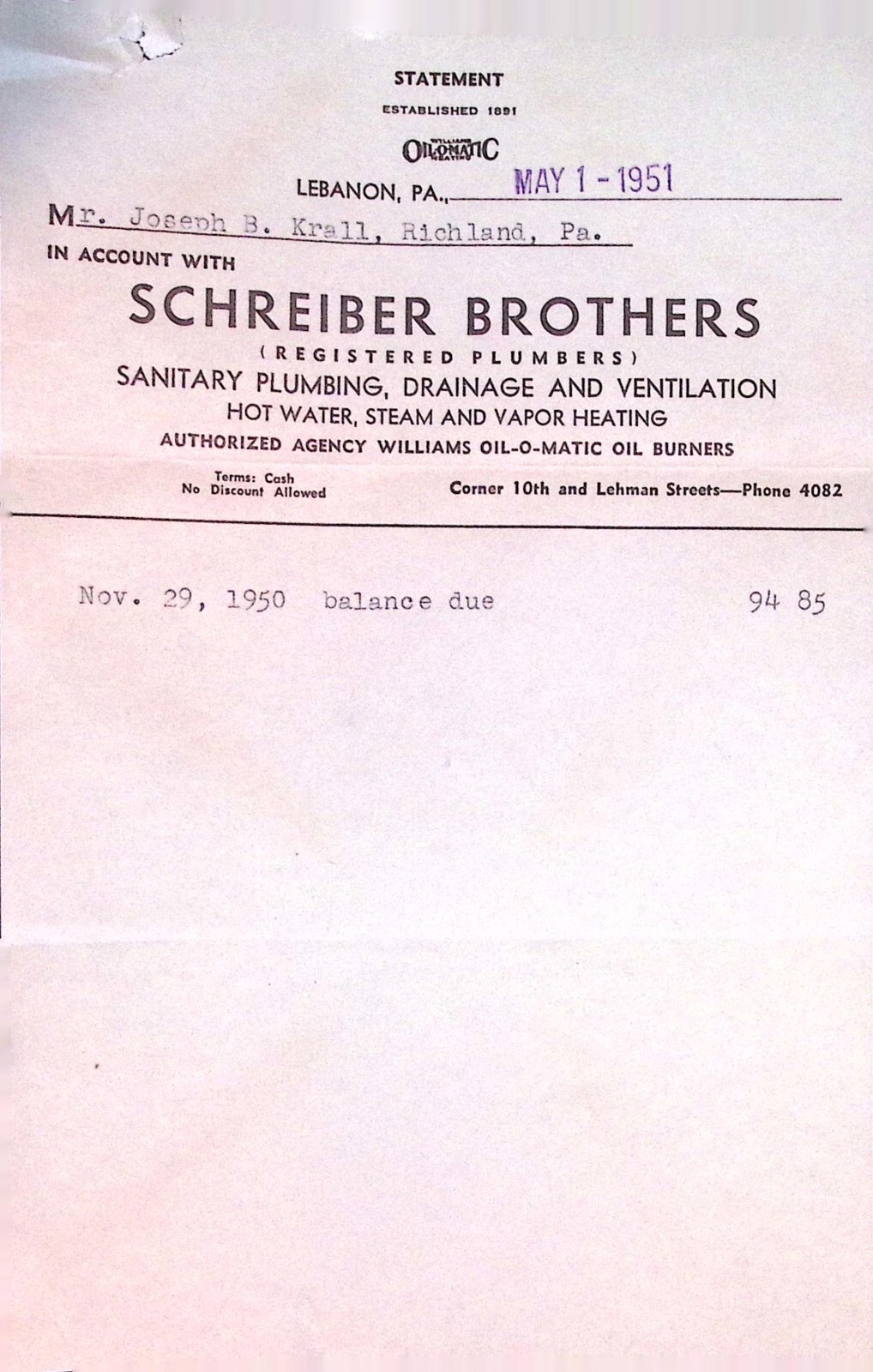 Schreiber Brothers Plumbing Drainage Ventilation 1951 Billhead Invoice