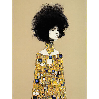 Klimt Style Retro Boho Afro Hair Gold Dress Wall Art Canvas Picture Print 18X24