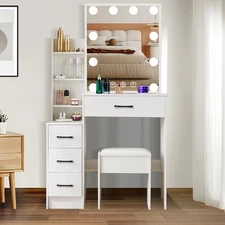 White Vanity Makeup Table with LED Lighted Mirror and 4 Drawers and Padded Stool