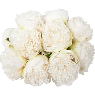2-Bouquet 10-Heads White Artificial Peony Silk Flower and Leaf Home Office with