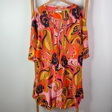One Season Dress Womens 2XL Orange Paisley Shift Long Sleeve V-Neck Casual