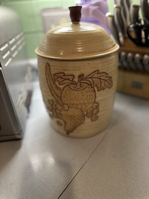 Ann Kamano handmade Ceramic Canister with Lid, Vegetable Motif, Beige Brown