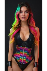 Rainbow Glitter Holographic Steel Boned Under Bust Waist Cincher Rave Festival
