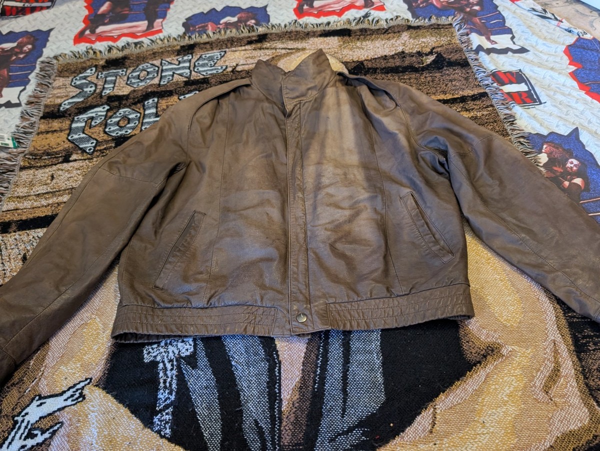 Vintage 80s Jacket Mens L Brown Suede Leather Bomber Coat Full Zip