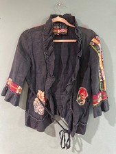 Boho Linen Ruffle Jacket Charcoal Floral Rose...
