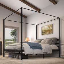 Metal Four Poster Canopy Bed Frame King Size, 14 Inch Platform with Built-in