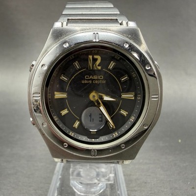 Casio Wave Ceptor Watch Women 35mm Black Dial Silver Tone Analog Digital Works P