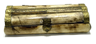 Vintage Camel Bone Brass Trinket Jewelry Box Blue Velvet  7.25''x3''x1.75'' India