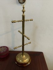 Vintage Brass Mug Tree Holder With Wooden Base Holds 6 Cups