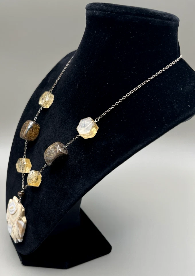 Vintage Handcrafted Natural Stone Cross Pendant Necklace Sterling Silver Chain - Image 3 of 4