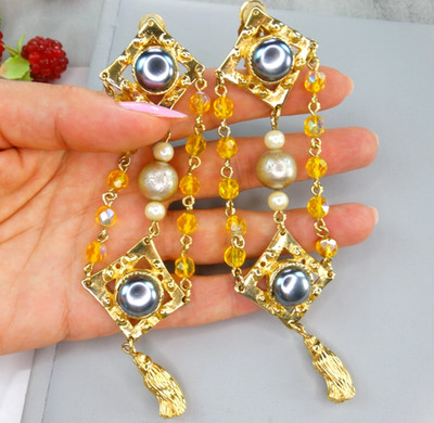 FRENCH HIGH END 80S VTG DECO GLASS PEARL 4.8'' CHANDELIER CLIP EARRING BIG RUNWAY