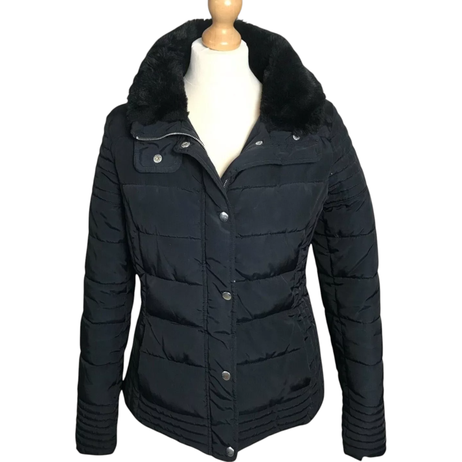 New Look Womens Black Quilted Fur Collared Puffer Jacket Winter Autumn UK 12
