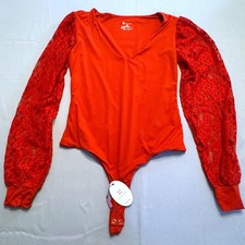 Avidlove Red V-Neck Bodysuit Long Floral Lace Puff Sleeve Snap Closure NWT M