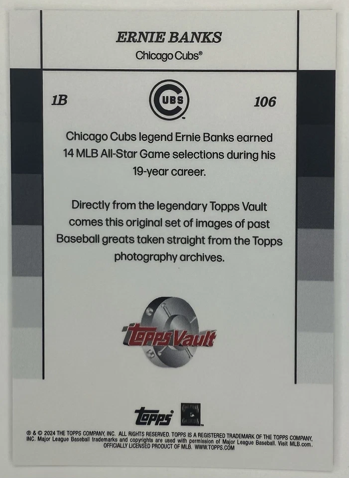 2024 Topps Black & White ERNIE BANKS Topps Vault Chicago Cubs HOF #106 - Image 2 of 2