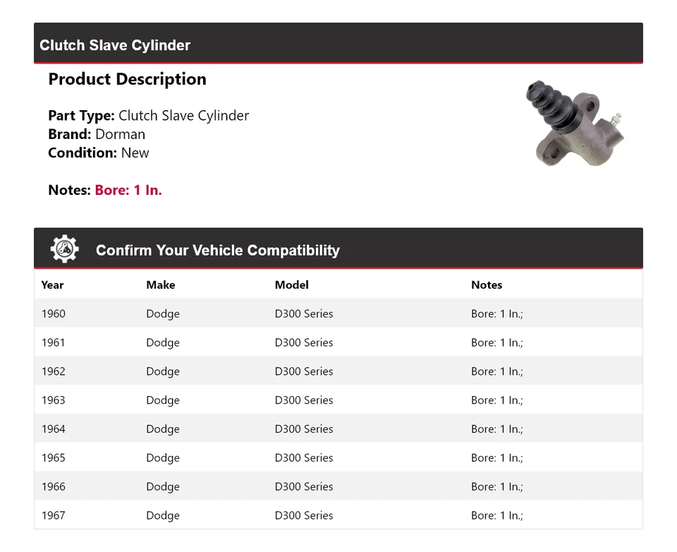 Cilindro esclavo embrague Dorman serie D300 1960-1967 1961 1962 1963 1964 Foto 2 de 4
