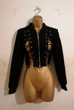 Maniere De Voir Black Eyelet Lace Up Silver Hardware Crop Suede Jacket Uk 6 8 10
