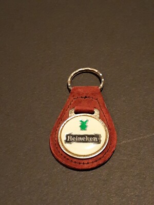 Vintage 1970's Heineken Beer logo car key keychain faux suede leather fob