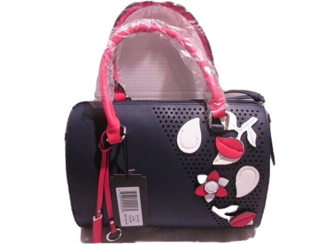 Faux Leather Medium Zip Handbag in Flora Pink White Blue Design-image