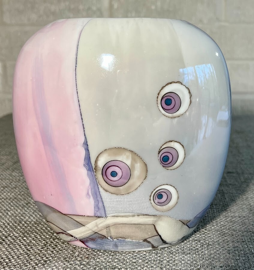 ジョーさま Abstract Flat Vase Pastel Lusterware Signed JJ '85 Lavender Pink