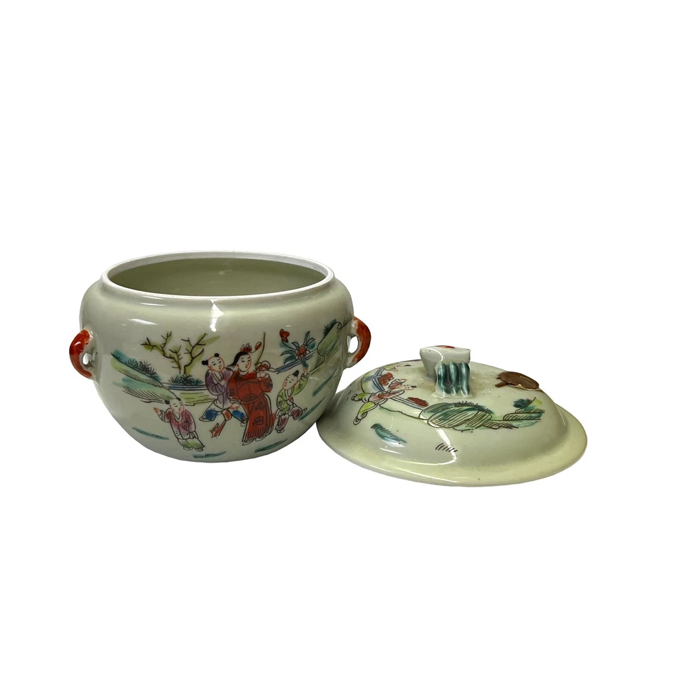 Tarro redondo chino de porcelana blanca apagada paisaje gente ws2961 Foto 3 de 4