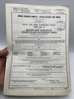 1963 EASTERN RAILROADS TARIFF NO 3 Round-Trip Furlough Coach Class Excursion S#2