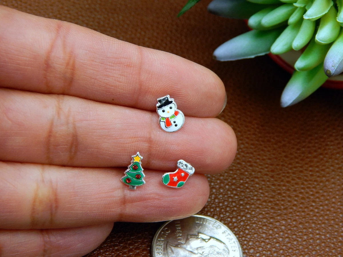 925 Sterling Silver SET OF 3 Christmas tree stocking snowman Stud