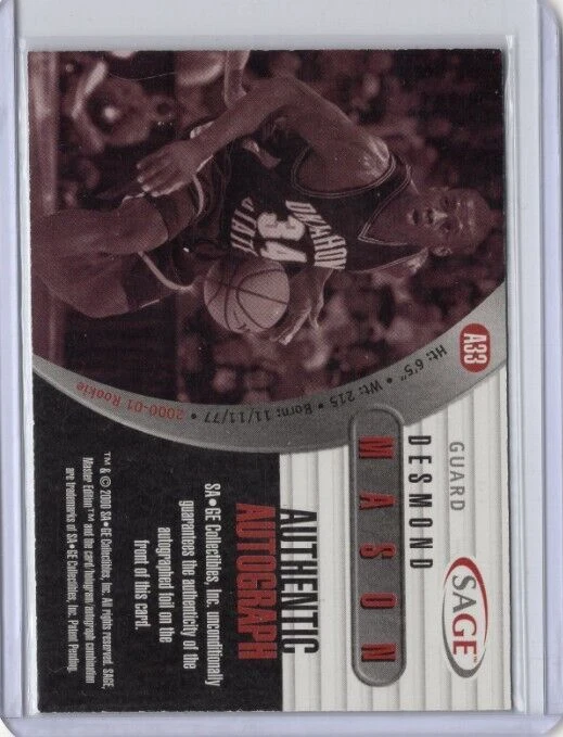 Tarjeta automática #A33 Desmond Mason NCAA Oklahoma State 2000-01 SAGE HIT RC Foto 2 de 2