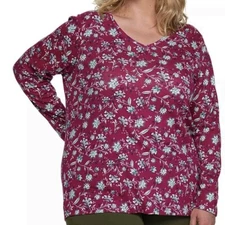 Croft & Barrow Long Sleeve Knit Top - 100% Cotton - V- Neck  Berry Floral 3X