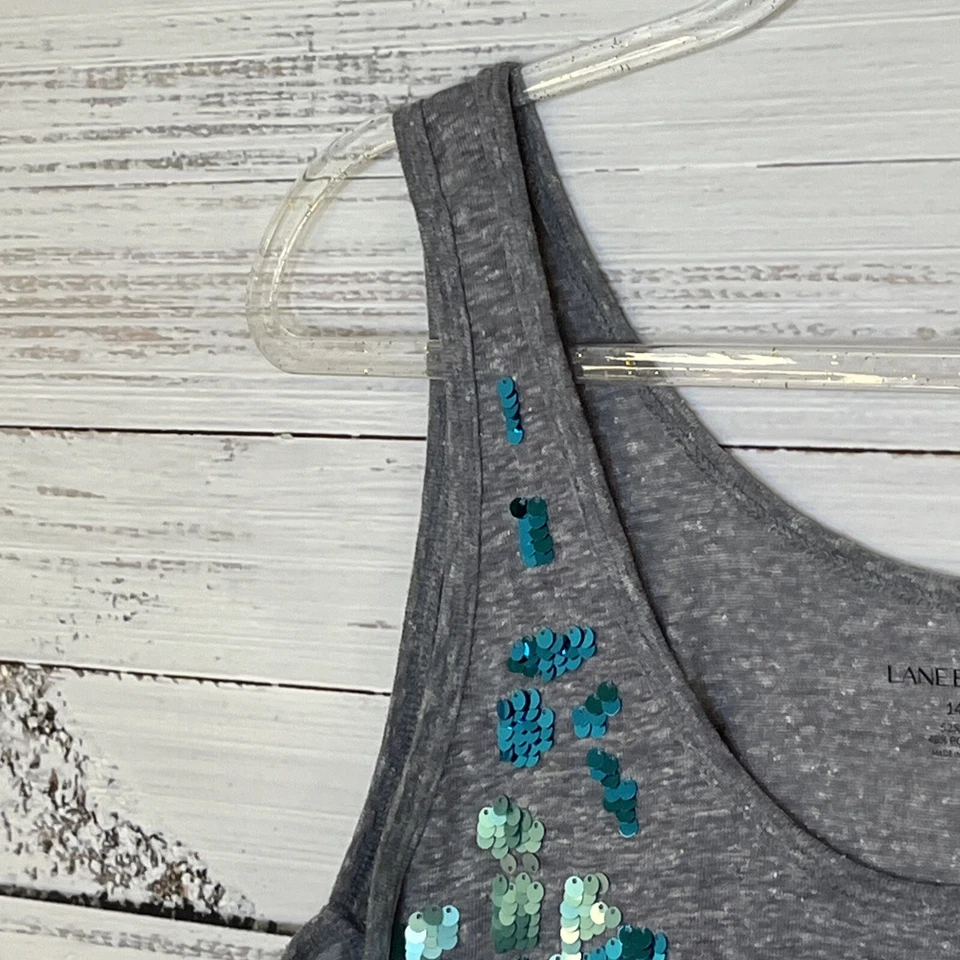 Camisa regata feminina Lane Bryant 14/16 cinza azul transparente lantejoulas linho poliéster - Imagem 2 de 4