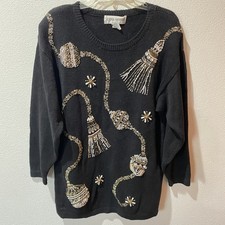Vintage Victoria Harbour Sweater Beaded Embellished Shoulder Pads M Black Xmas