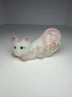 Fenton Peach Meadow Blooms On Opal Satin Crouching Cat Kitten Figurine Signed