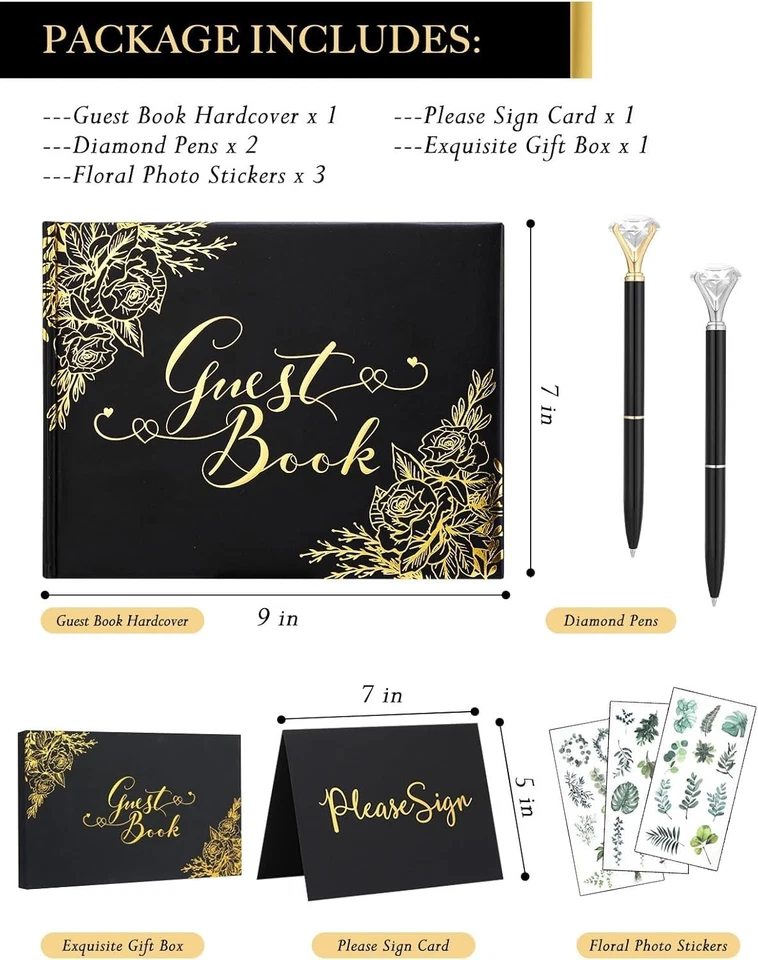Black Wedding Guest Book with Pens – 9x7" Gold Foil Hardcover Sign-in Album - Image 3 of 4