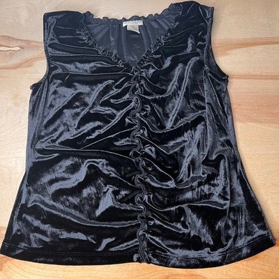 Vintage Apostrophe Stretch Velvet Y2K Top Sz Med Ruched Velvet V-Neck 90s Blouse