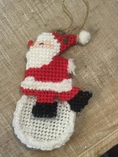 Vintage Needlepoint Santa Ice Skating On Ice Christmas Ornament