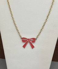 Gold Tone GYMBOREE Orange/Peach Enamel Ribbon Bow Pendant Necklace 17  Child NEW