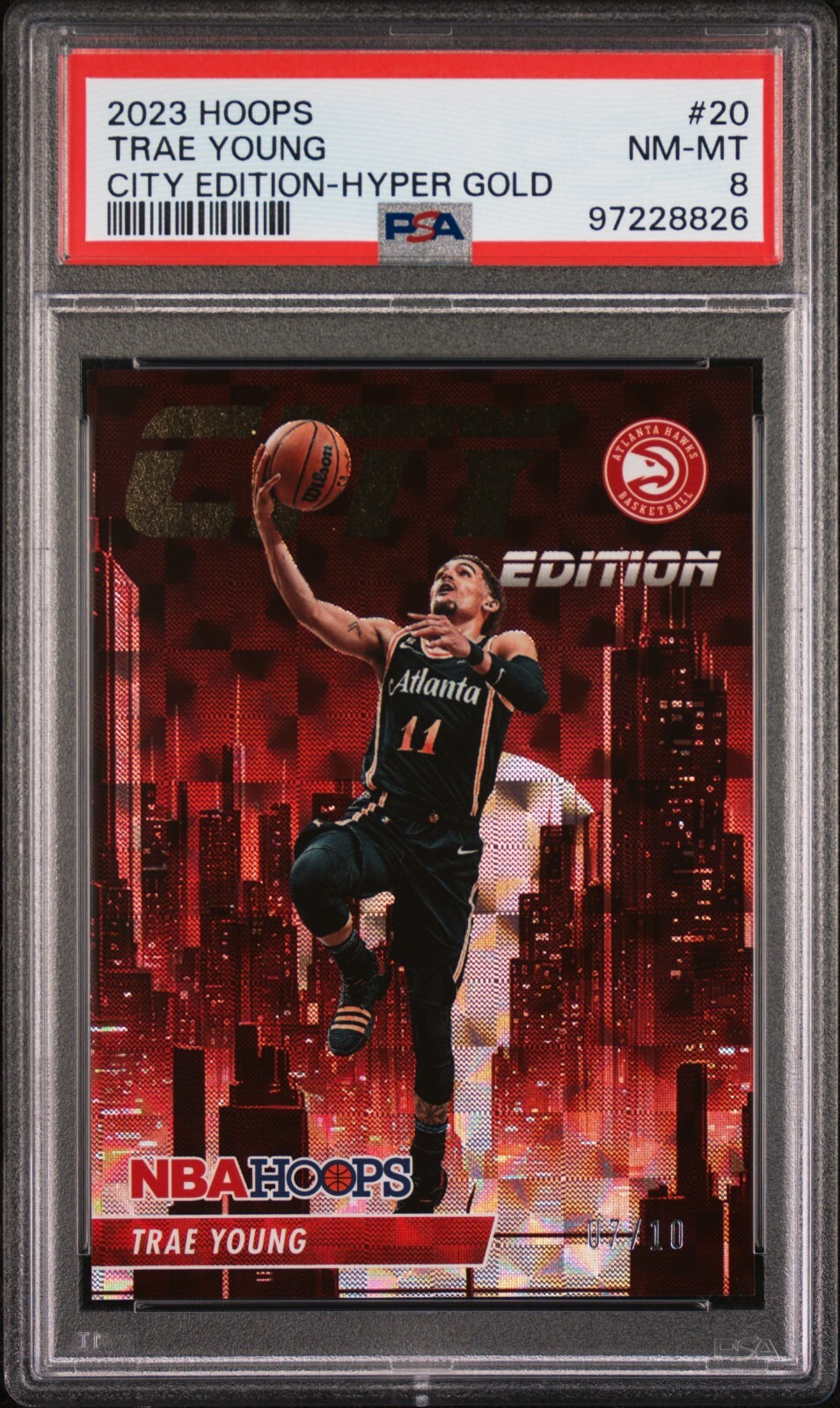 2023-24 NBA Hoops- Trae Young- City Edition #20 Hyper Gold /10 PSA8 view 1