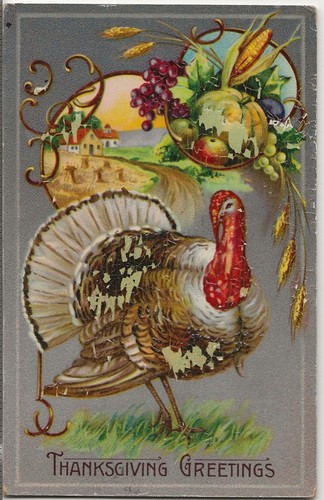 Vintage Postcard Thanksgiving: Turkey, Farm, Ocean, Pumpkin, Corn, Grapes, Wheat - 第 1/2 張圖片
