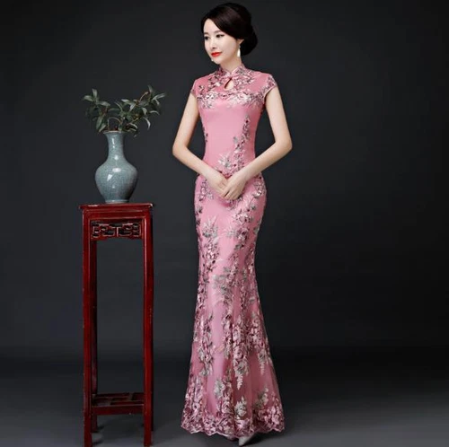 Damen Cheongsam Retro schmale Passform Spitze Fischschwanz chinesisches Kleid Laufsteg Kostüm schick - Bild 12 von 14