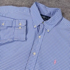 VTG Ralph Lauren Shirt Men Large Blue Gingham Check Button Down 90s Pink Pony