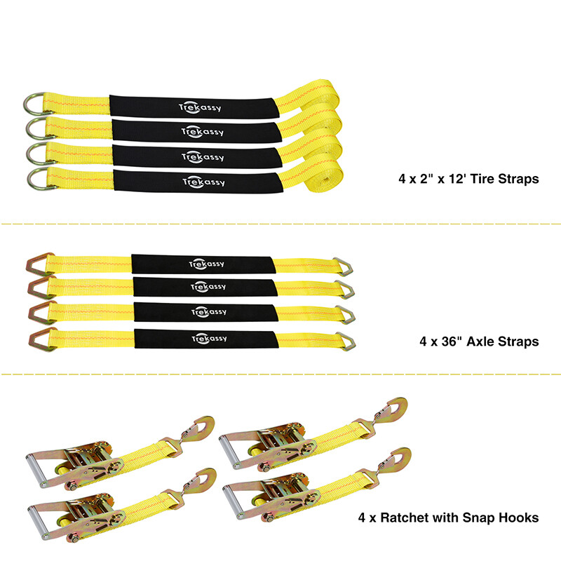 4 Pack  2"x10' Auto Hauling Ratchet Strap With Flat Hook - Car Wheel Straps Hauling Cars