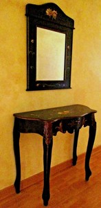 Table Mirror Set Black Floral Wood Gold Trim Console Hallway Foyer