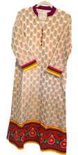 Embroidered Ethnic Gold Paisley Print Boho Indian Kurta Tunic Dress 3/4 Sleeve M