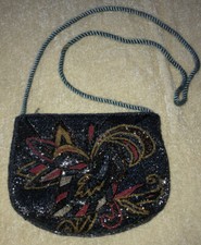 VINTAGE BLACK BEADED PURSE WITH FLORAL  LEAF DESIGN WITH CORD STRAP ELEGANT