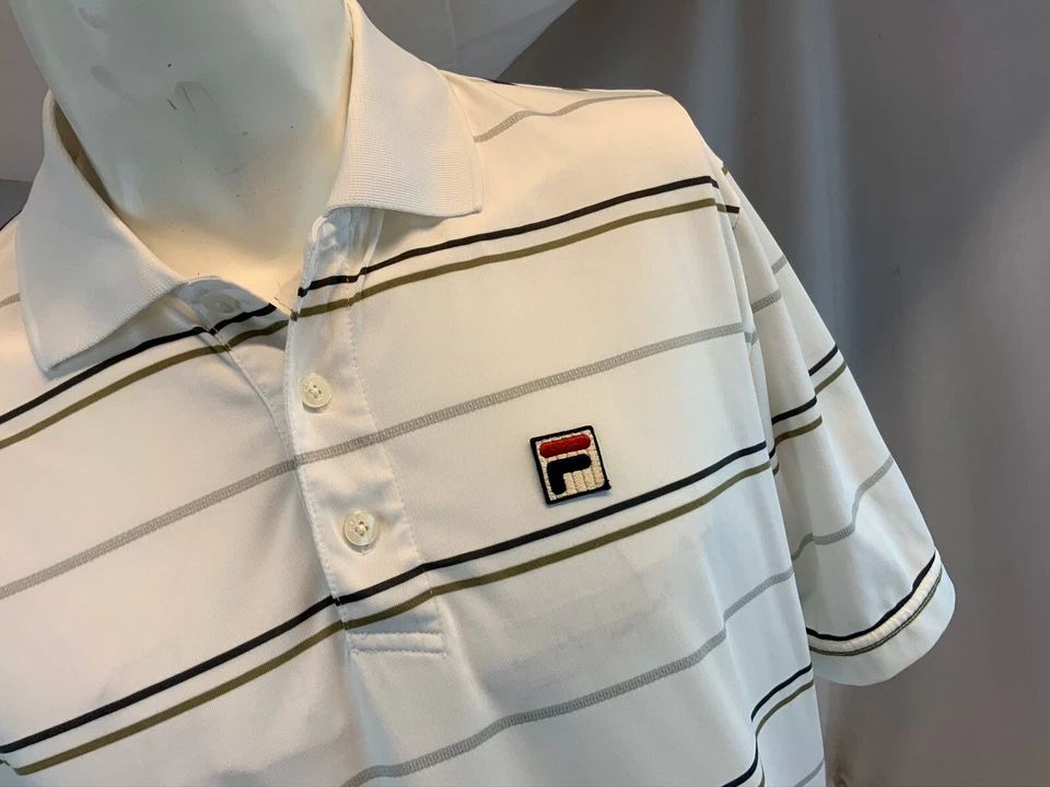 Camisa polo Fila Performance masculina M listra cinza branca poli sem falhas YGI C0-741 - Imagem 3 de 4