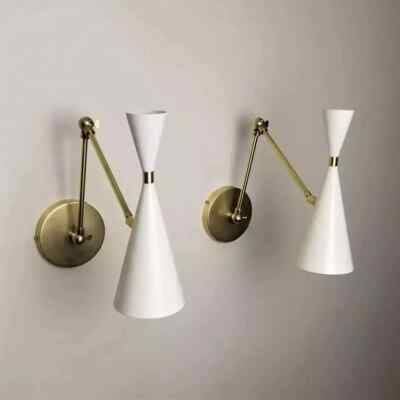 Pair Of Monolith Italian Style Reading Lamp Brass & White Enamel Wall Lamp