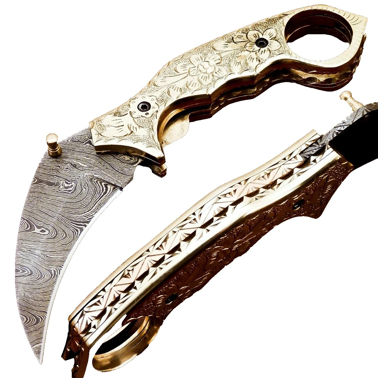 Damascus Steel Blade Brass Handle Collectible Folding Knives