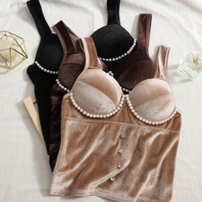 Débardeur Bustier En Velours À Perles Et Strass Pour Femme Sexy