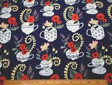 Quilt Fabric 1 7/8 Yard Salmon Yellow Pink Floral in Cups Navy Premium Cotton #C